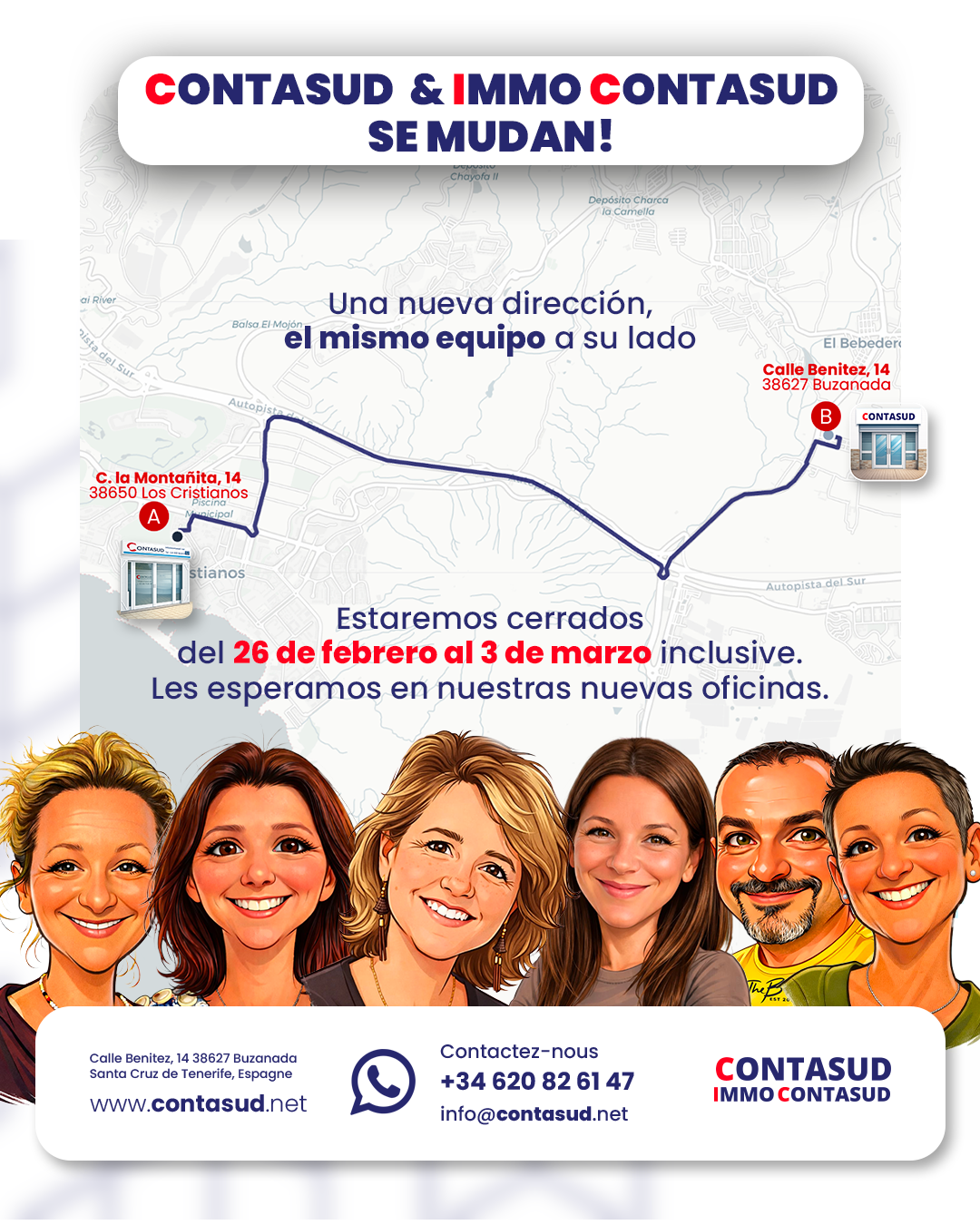 Contasud se muda - Nueva dirección: Calle Benítez, 14, 38627 Buzanada